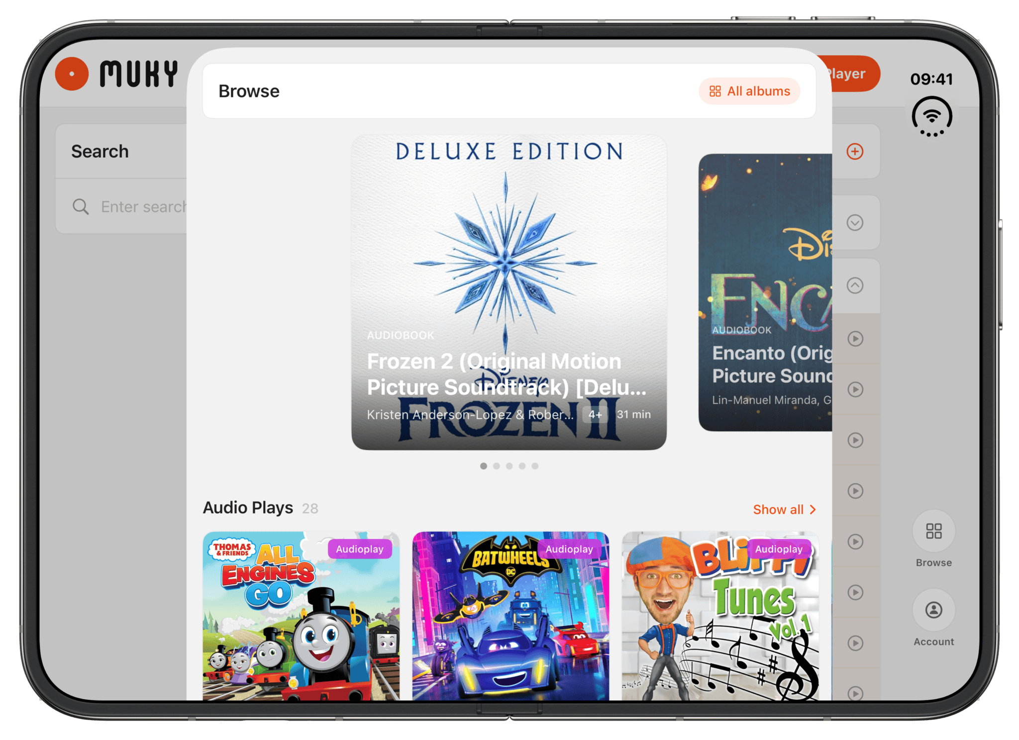 Muky Browse tab on the unfolded iPhone Duo with search and playlists beside the featured albums