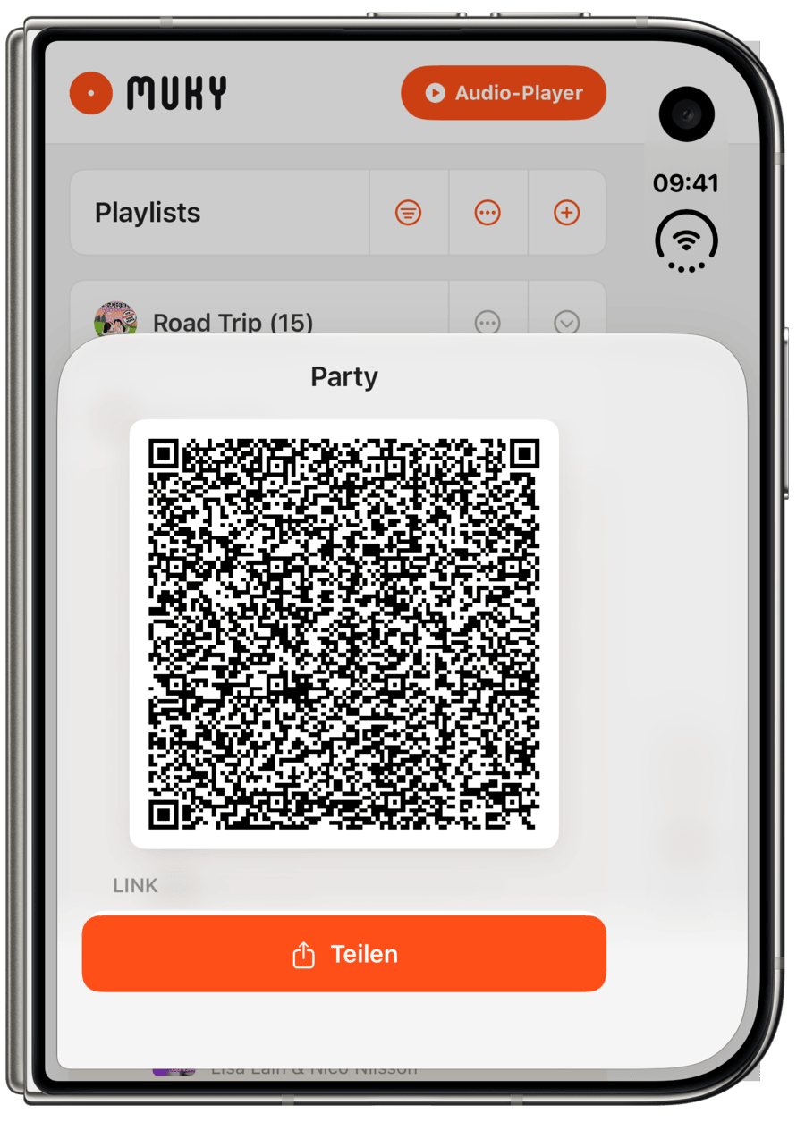Derselbe QR-Code zum Teilen auf dem zugeklappten iPhone Duo