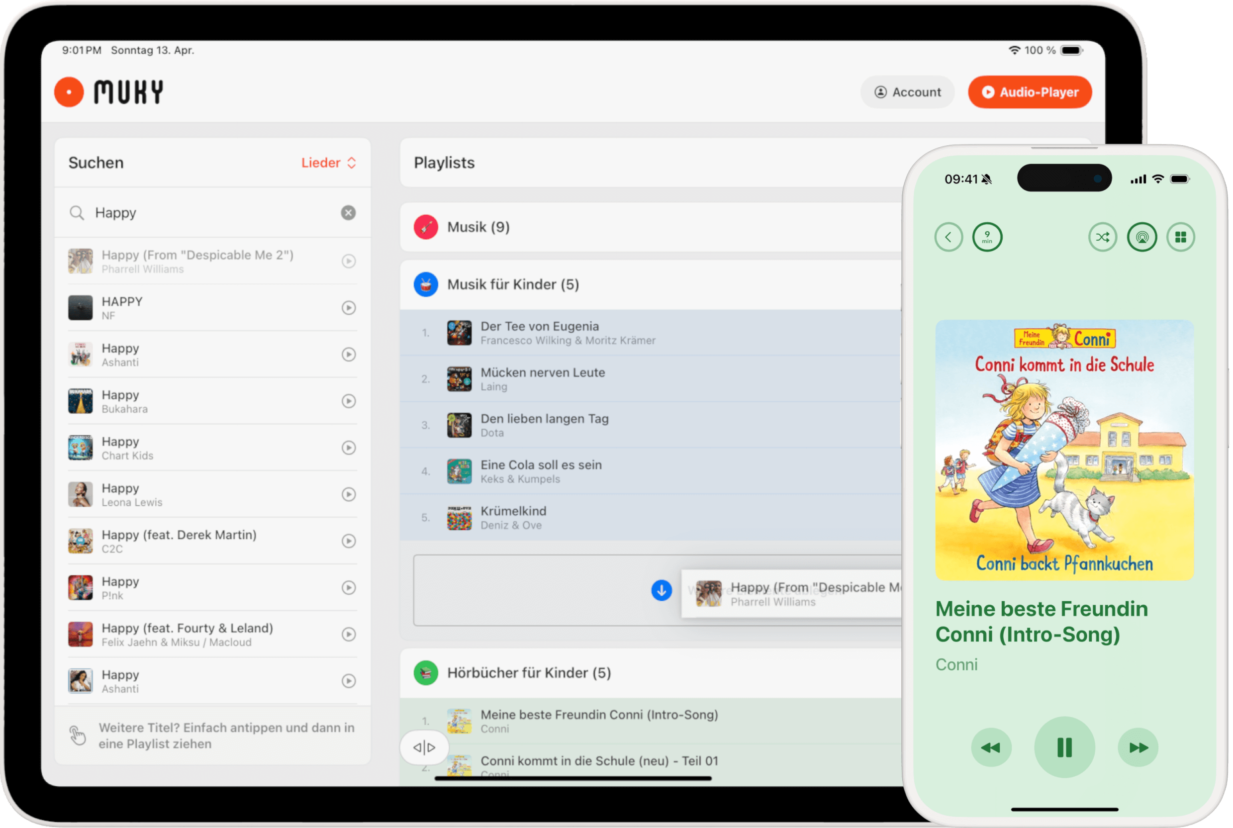 Screenshots of Muky app interface showing the kid-friendly music player and playlist features