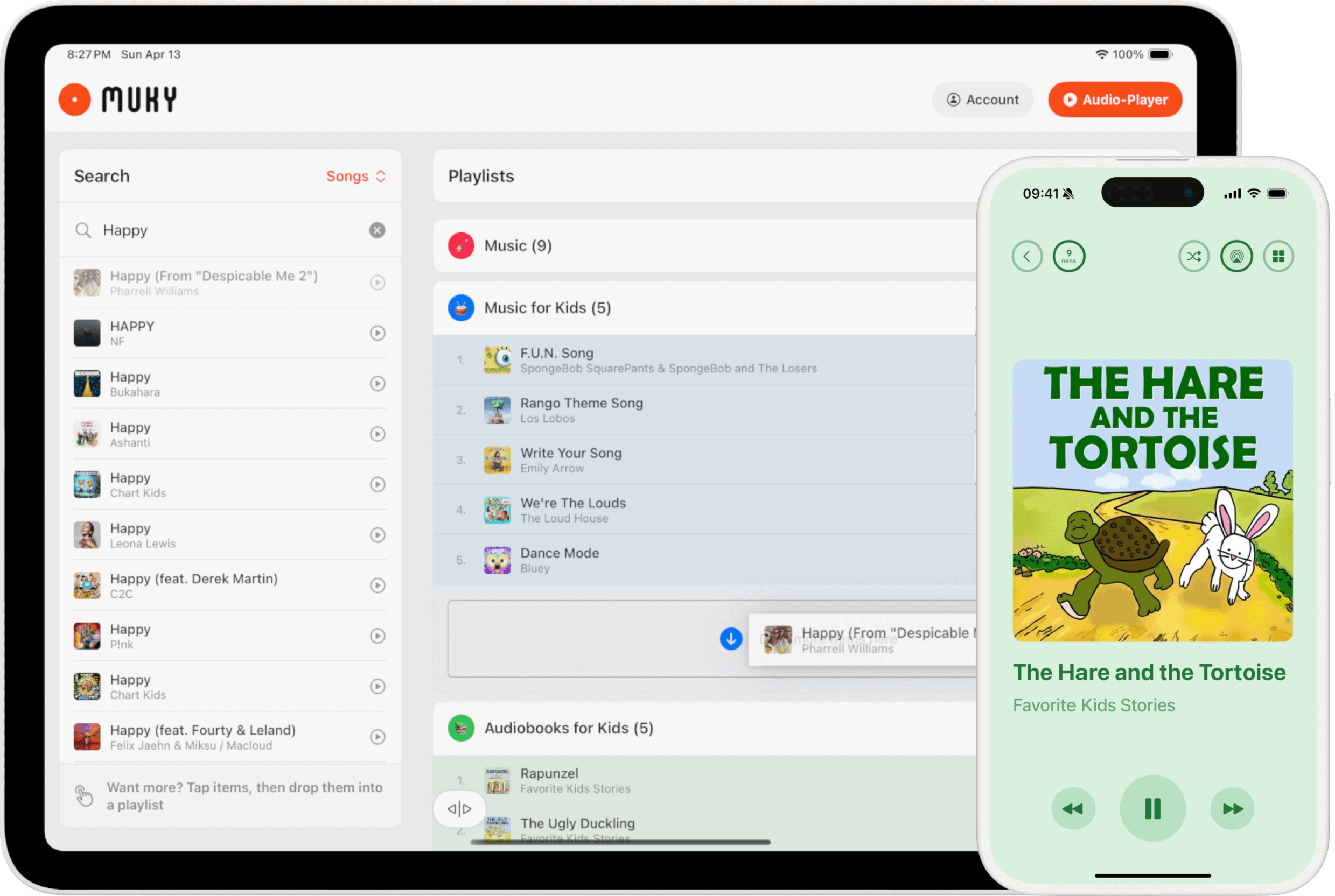 Screenshots of Muky app interface showing the kid-friendly music player and playlist features