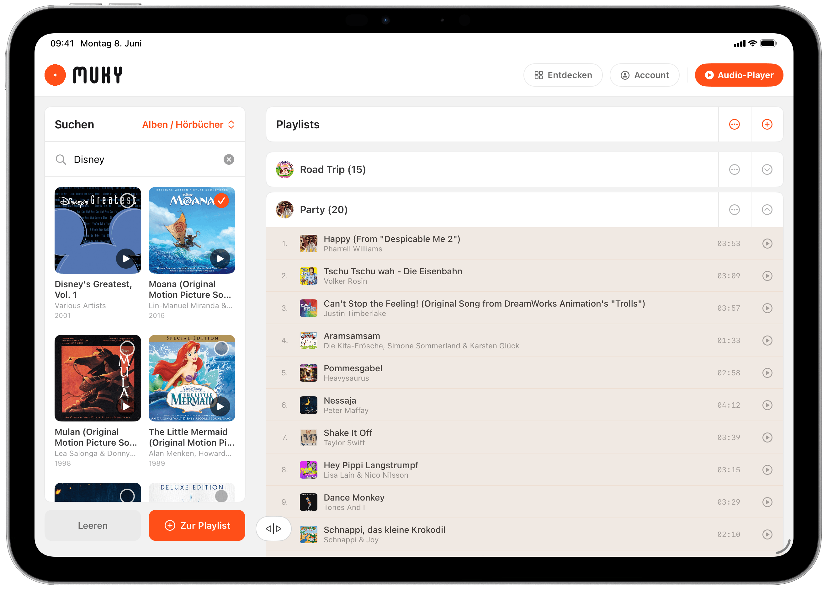 Muky on iPad showing the kid-friendly playlist management interface