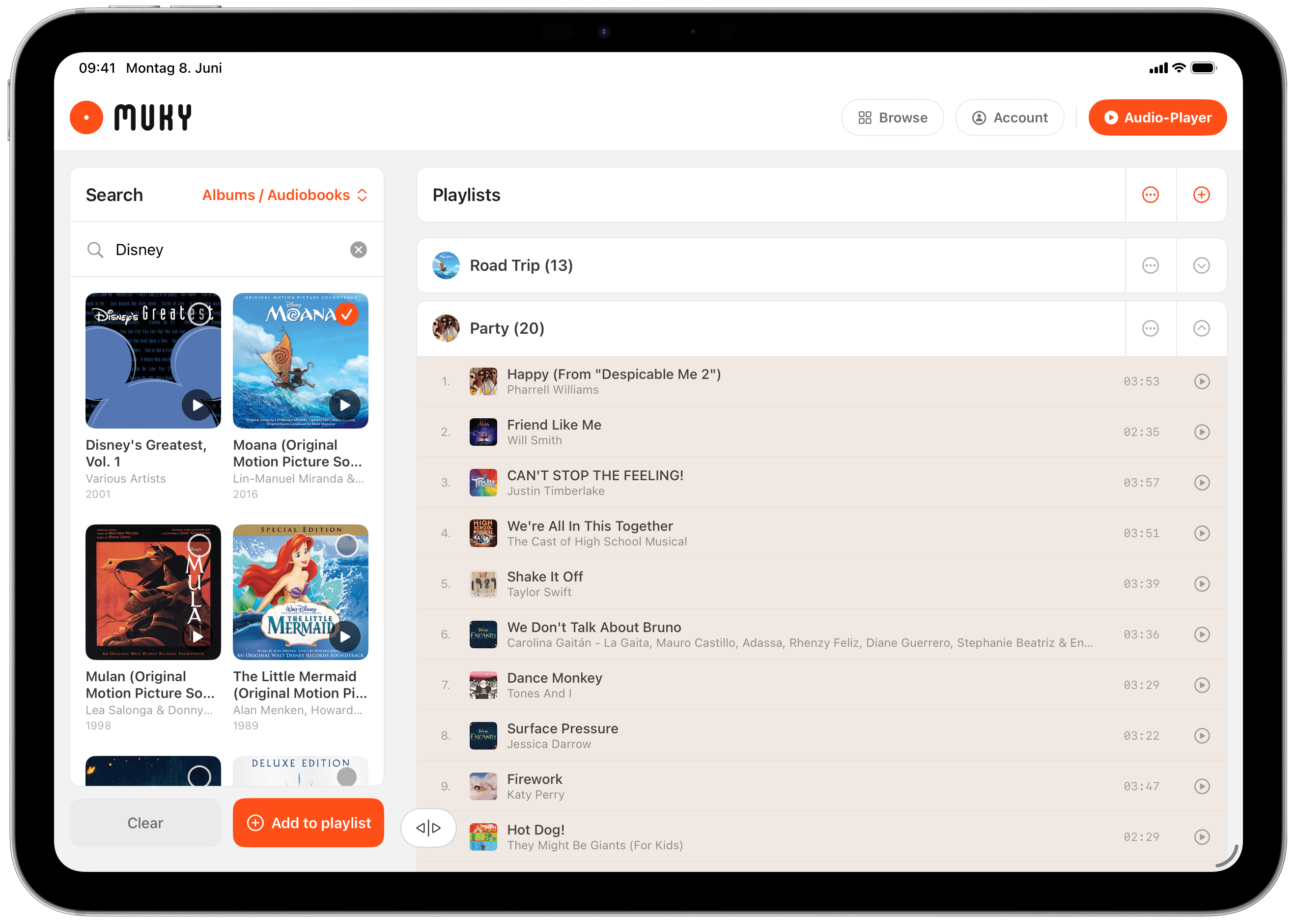 Muky on iPad showing the kid-friendly playlist management interface